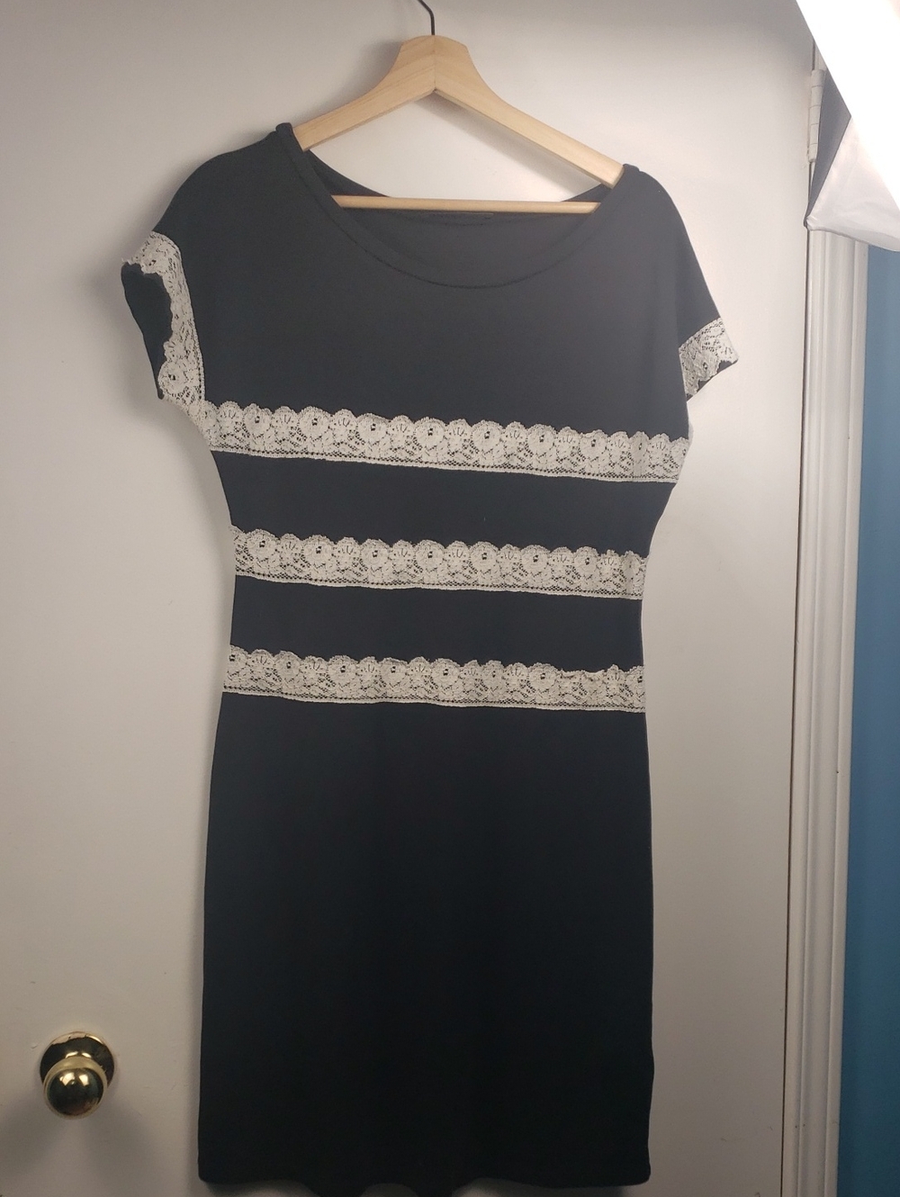 Weekend MaxMara Black Dress with White Lace Bands Silk Cotton Blend Medium